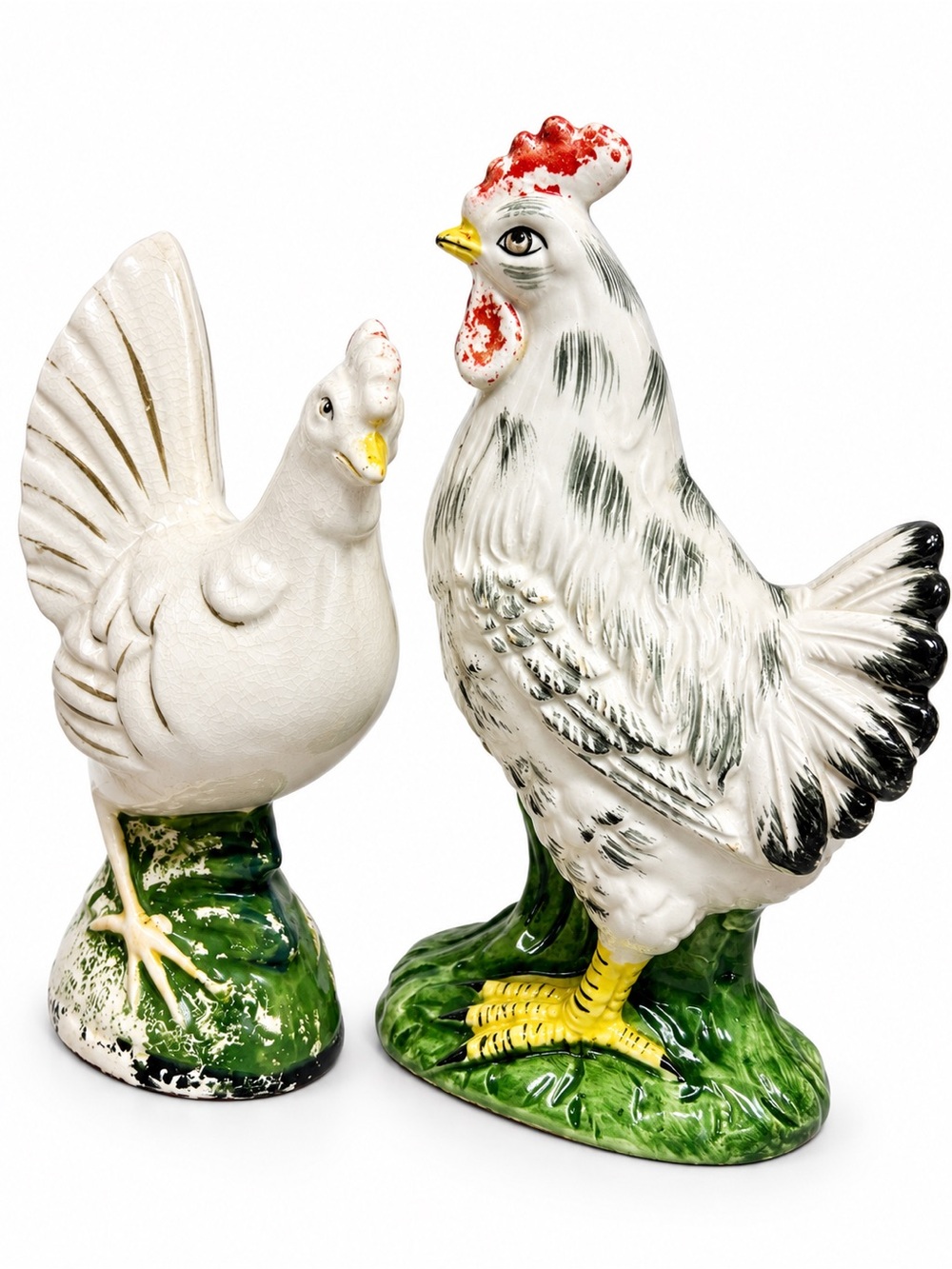 L White & Green Ceramic Rooster and Hen Figurine Set